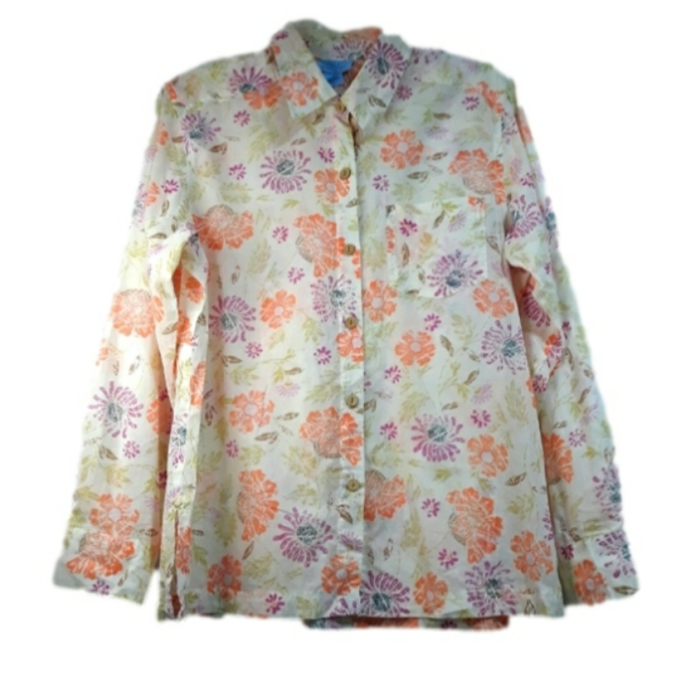 SO Blue by Sigrid Olsen Shirt Cotton floral Long-Sleeve Button down size Medium